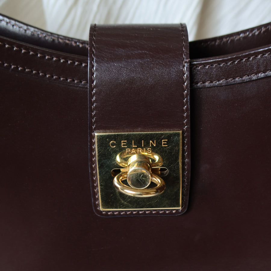 Celine Vintage Dark Brown Gancini Gold Buckle Shoulder Bag