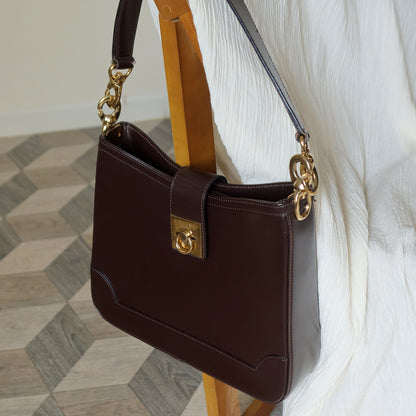 Celine Vintage Dark Brown Gancini Gold Buckle Shoulder Bag