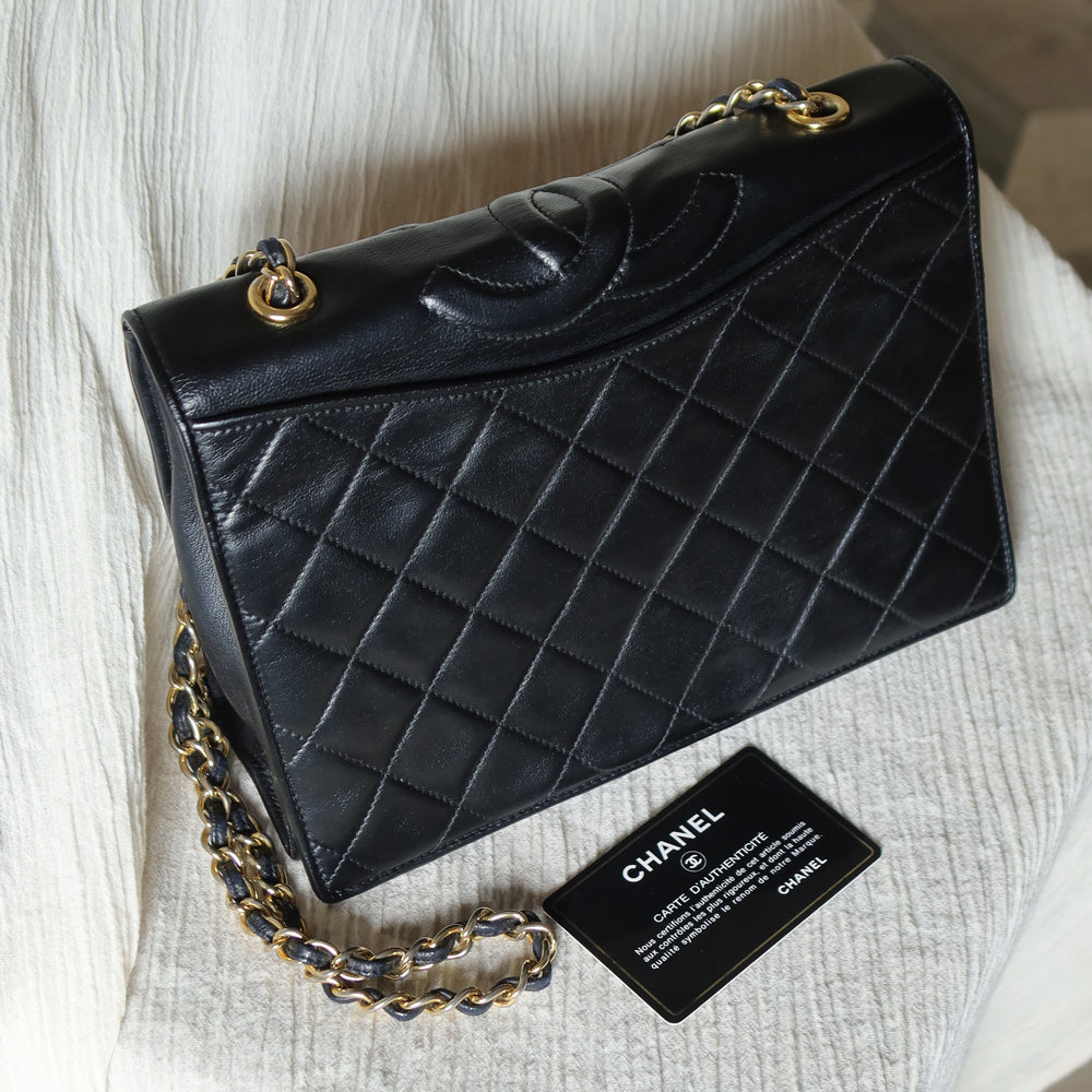 Chanel Vintage Black Lambskin Matelasse Quilted Full Flap Bag