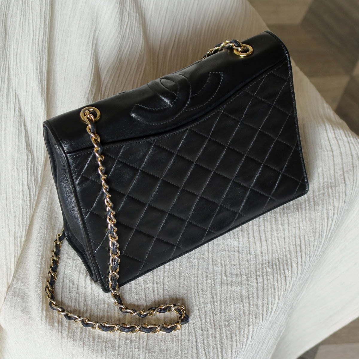 Chanel Vintage Black Lambskin Matelasse Quilted Full Flap Bag