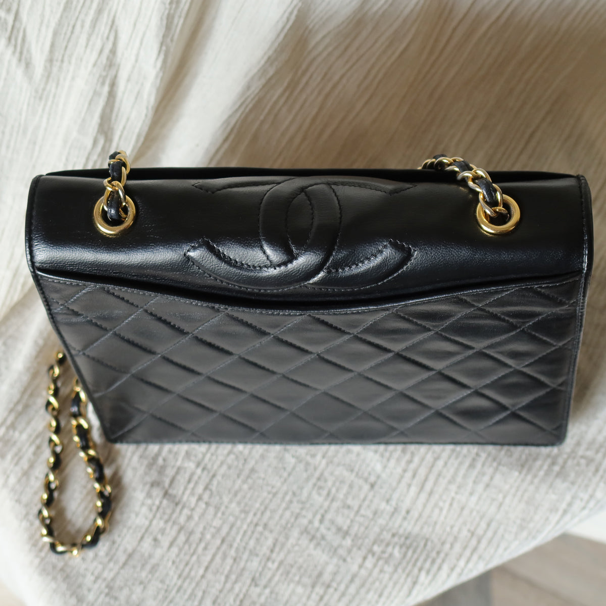 Chanel Vintage Black Lambskin Matelasse Quilted Full Flap Bag