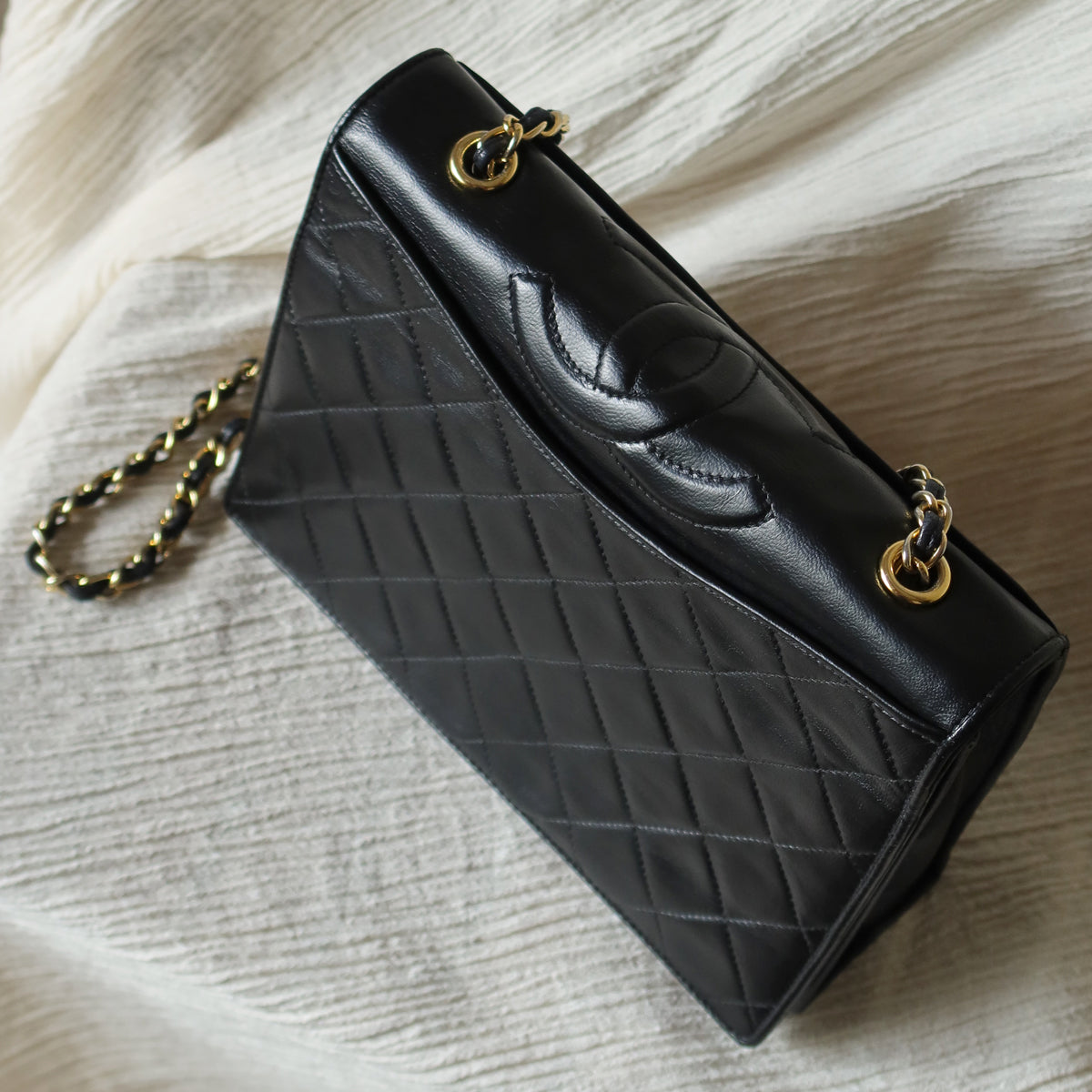 Chanel Vintage Black Lambskin Matelasse Quilted Full Flap Bag