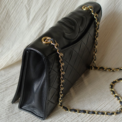 Chanel Vintage Black Lambskin Matelasse Quilted Full Flap Bag