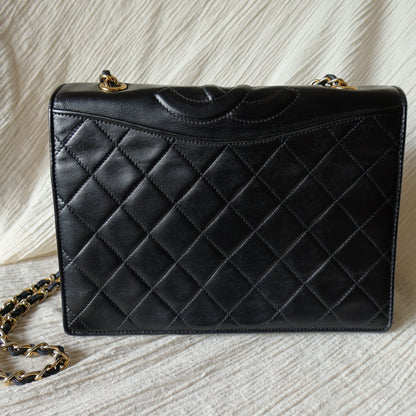 Chanel Vintage Black Lambskin Matelasse Quilted Full Flap Bag