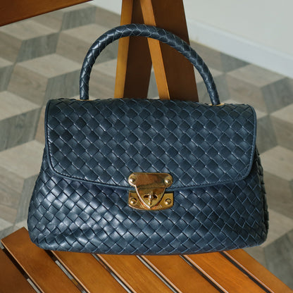 Bottega Veneta Vintage Blue Intrecciato Weave Turn Lock Top Handle Bag