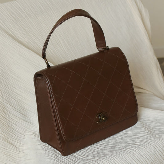 Rare Chanel Vintage Brown Matelasse CC Turn lock Bag