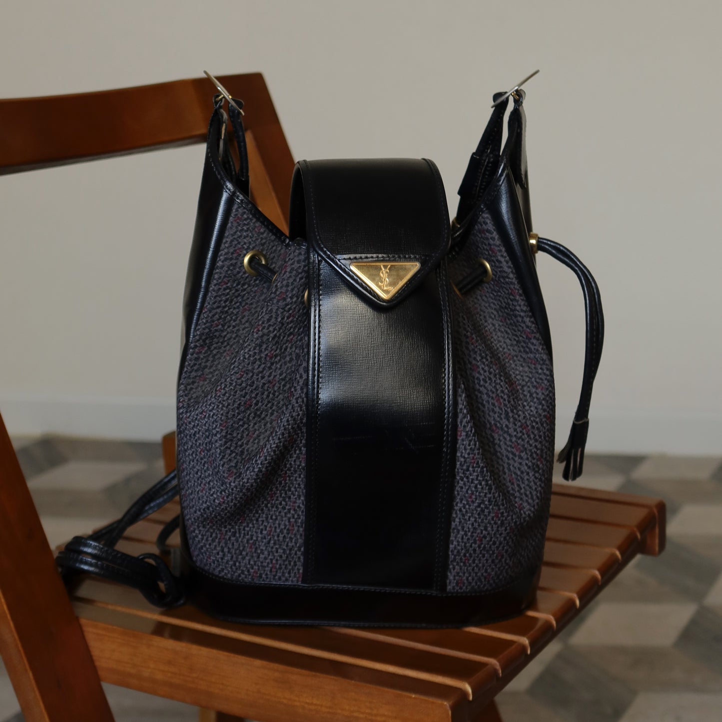 YSL Vintage Black Bucket Shoulder Bag with Golden YSL logo