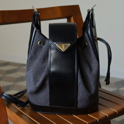 YSL Vintage Black Bucket Shoulder Bag with Golden YSL logo