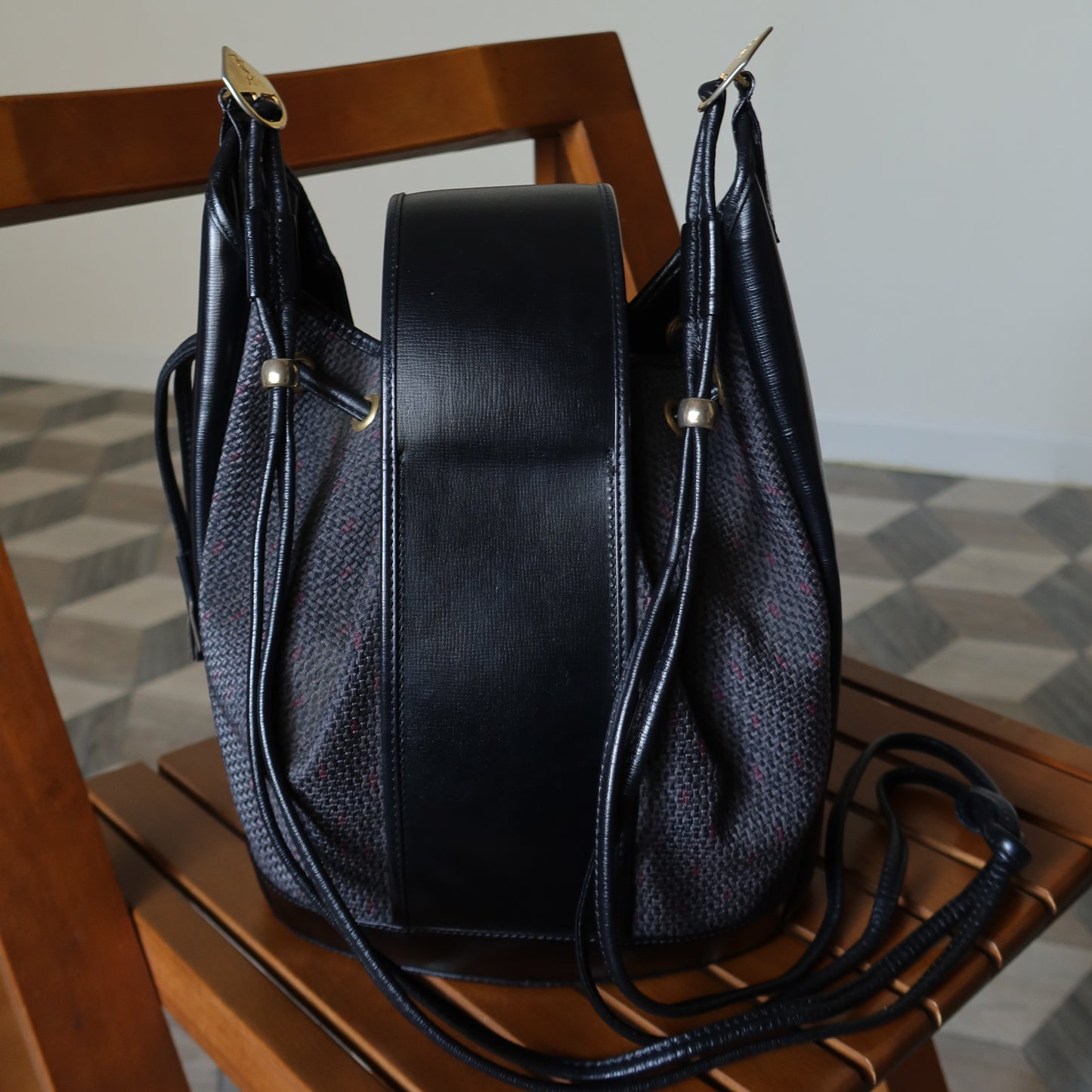 YSL Vintage Black Bucket Shoulder Bag with Golden YSL logo