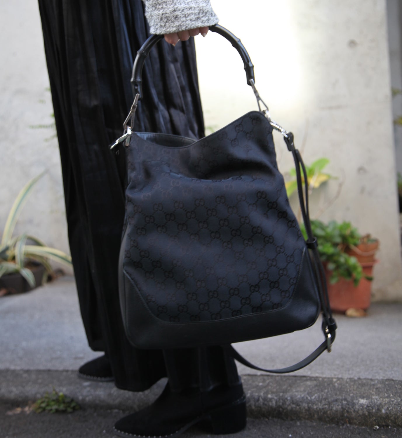 Gucci Vintage Jacquard Monogram Black 2way Bag with Bamboo Handle