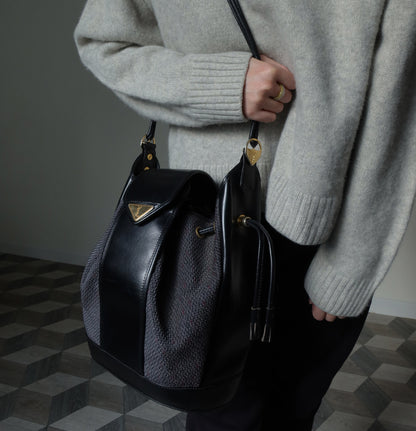 YSL Vintage Black Bucket Shoulder Bag with Golden YSL logo