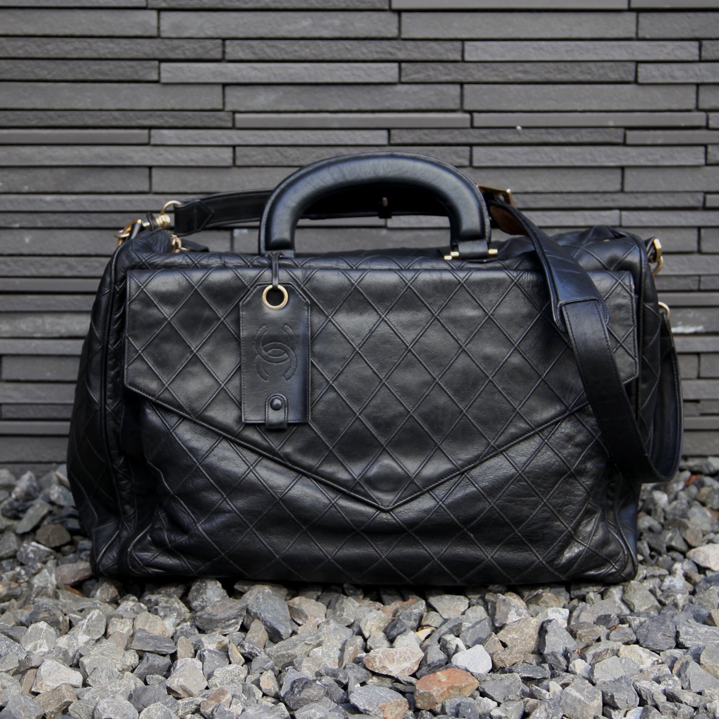 Chanel Rare Vintage Black Matelasse Travel Duffle Weekend Bag