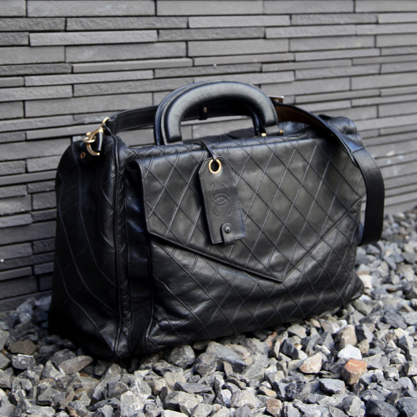 Chanel Rare Vintage Black Matelasse Travel Duffle Weekend Bag