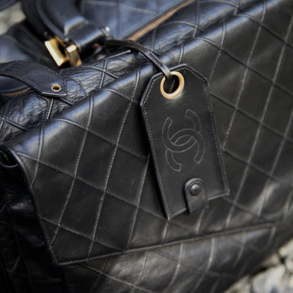 Chanel Rare Vintage Black Matelasse Travel Duffle Weekend Bag