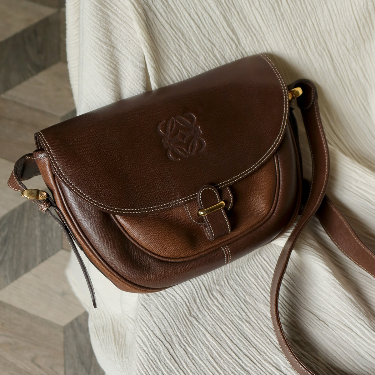 Loewe Vintage Dual Brown Leather Anagram Crossbody Flap Bag