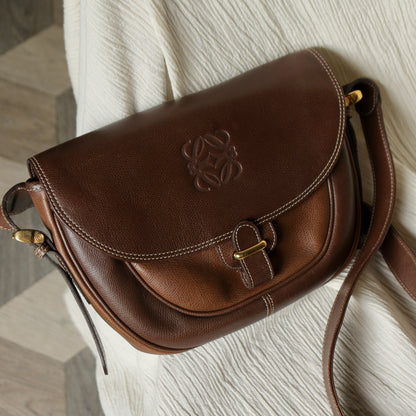 Loewe Vintage Dual Brown Leather Anagram Crossbody Flap Bag