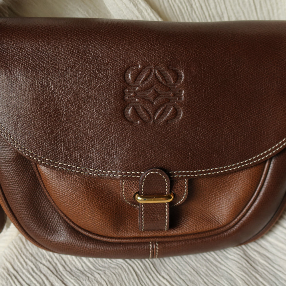 Loewe Vintage Dual Brown Leather Anagram Crossbody Flap Bag