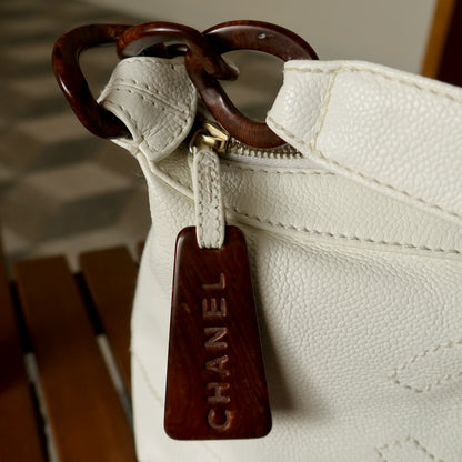 Chanel Vintage White Caviar Leather Hobo Coco Mark Shoulder Bag