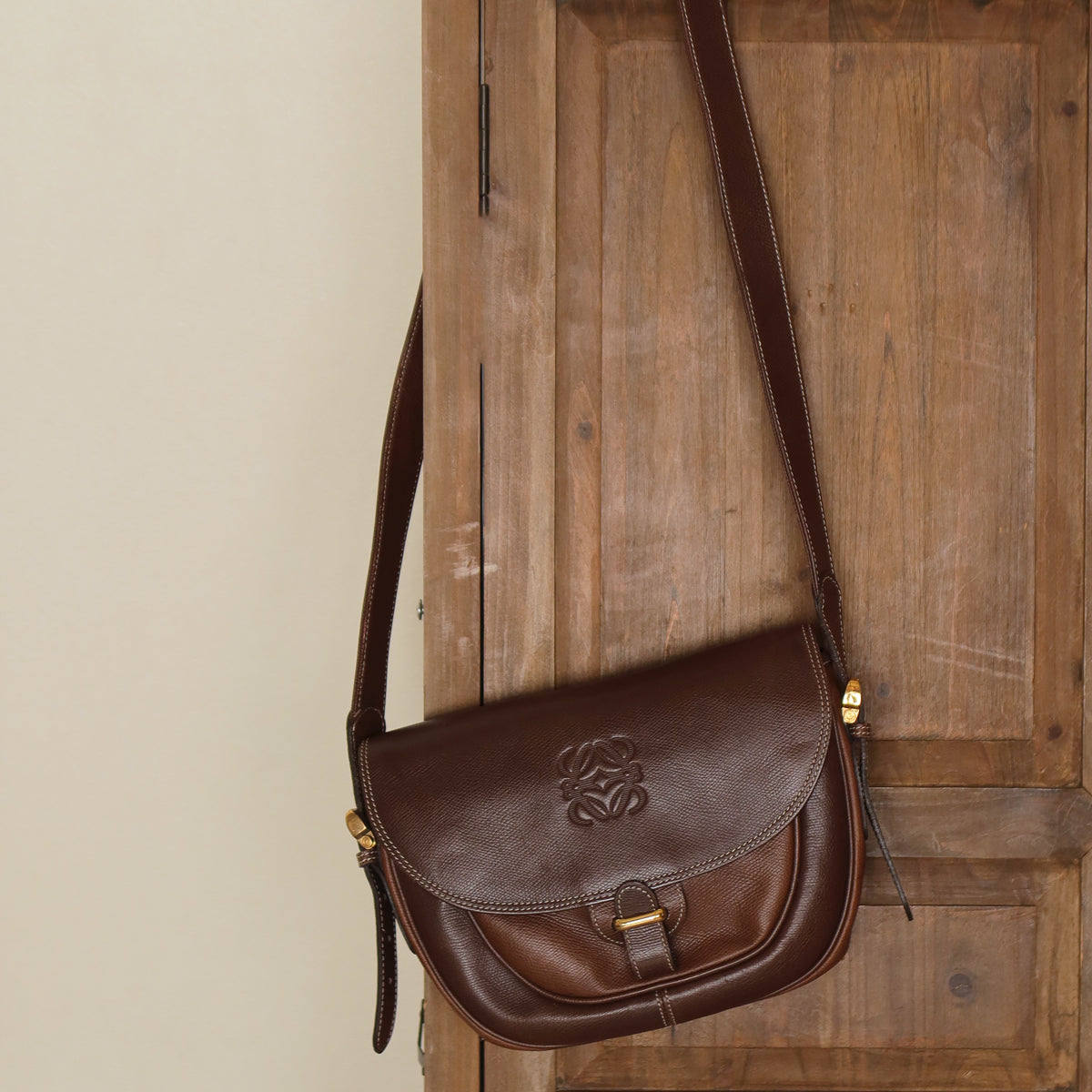 Loewe Vintage Dual Brown Leather Anagram Crossbody Flap Bag