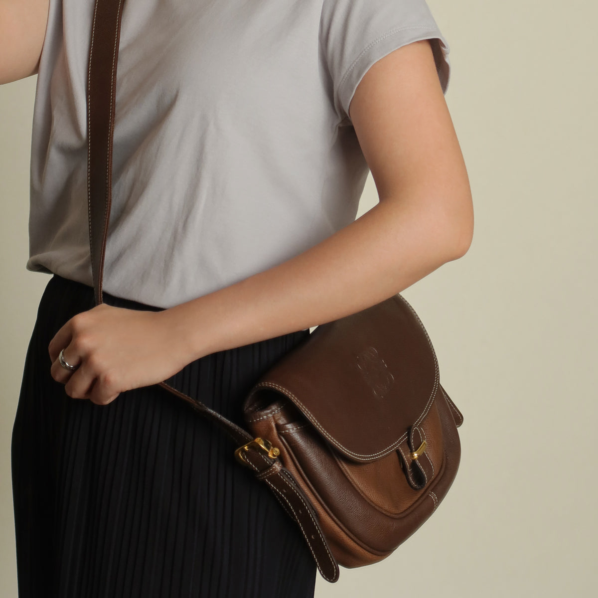 Loewe Vintage Dual Brown Leather Anagram Crossbody Flap Bag