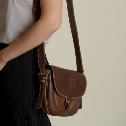 Loewe Vintage Dual Brown Leather Anagram Crossbody Flap Bag