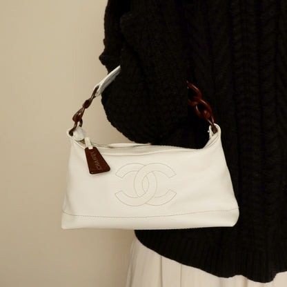 Chanel Vintage White Caviar Leather Hobo Coco Mark Shoulder Bag