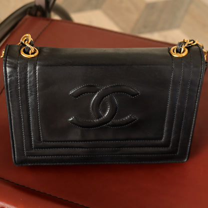 Chanel Vintage Stitched CC mark Black Lambskin Flap Bag