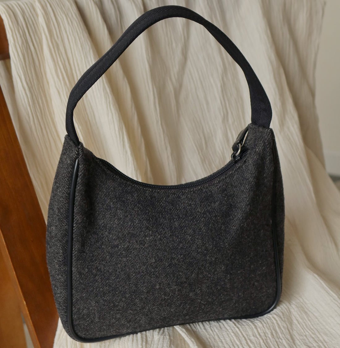 Prada Vintage Charcoal Grey Wool x Nylon Hobo Bag The Tanpopo Room