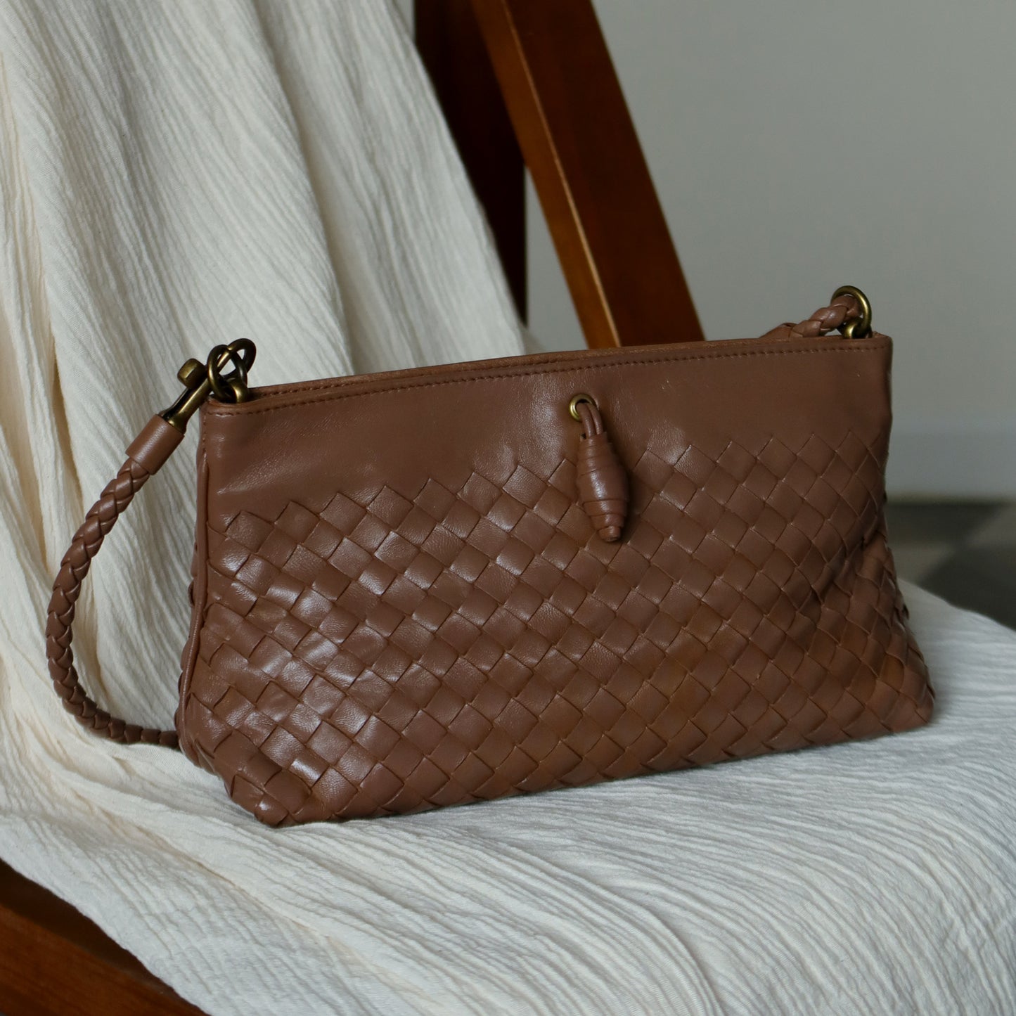 Bottega Veneta Vintage Brown Intrecciato Woven Pochette Shoulder Bag