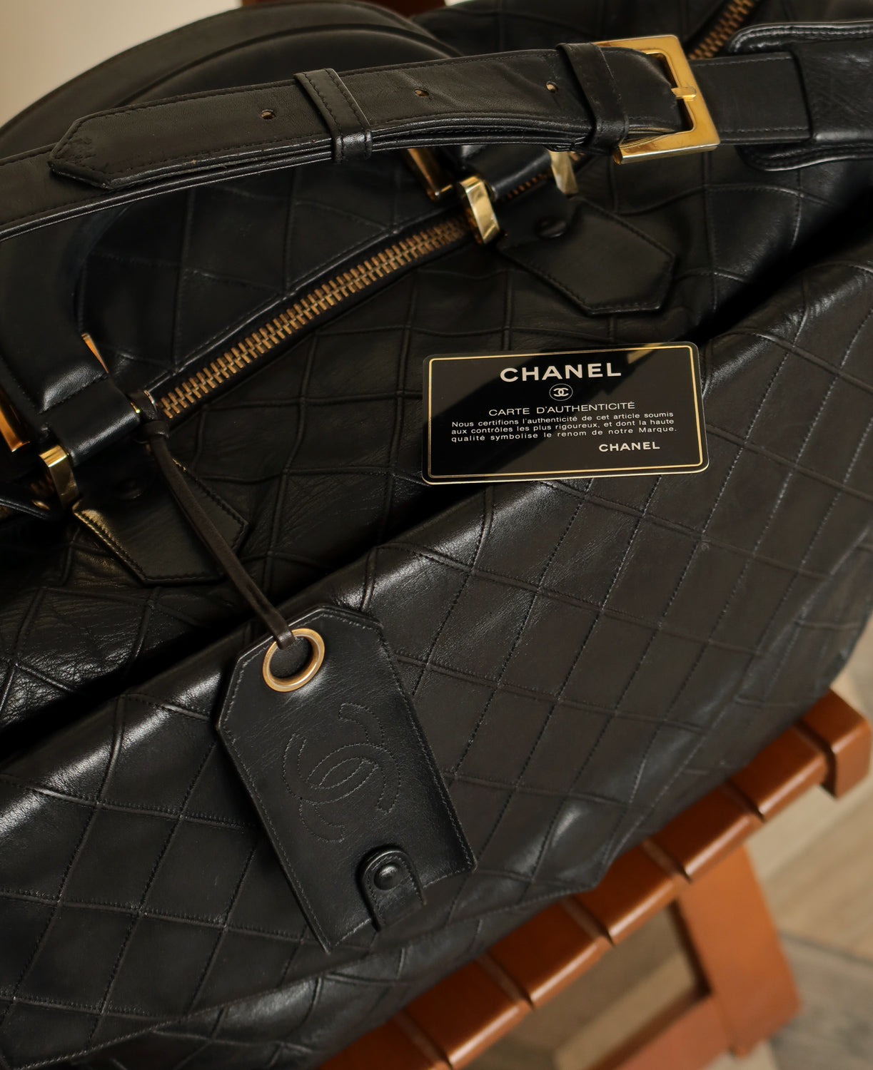 Chanel Rare Vintage Black Matelasse Travel Duffle Weekend Bag