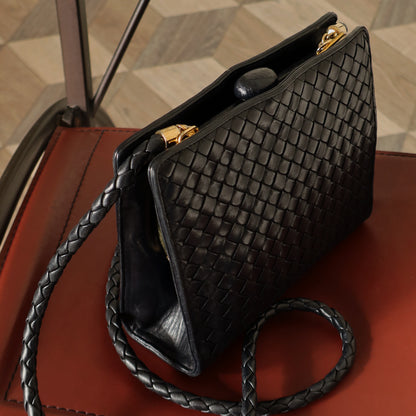 Bottega Veneta Vintage Intrecciato Weave Black Kiss Lock Crossbody Bag