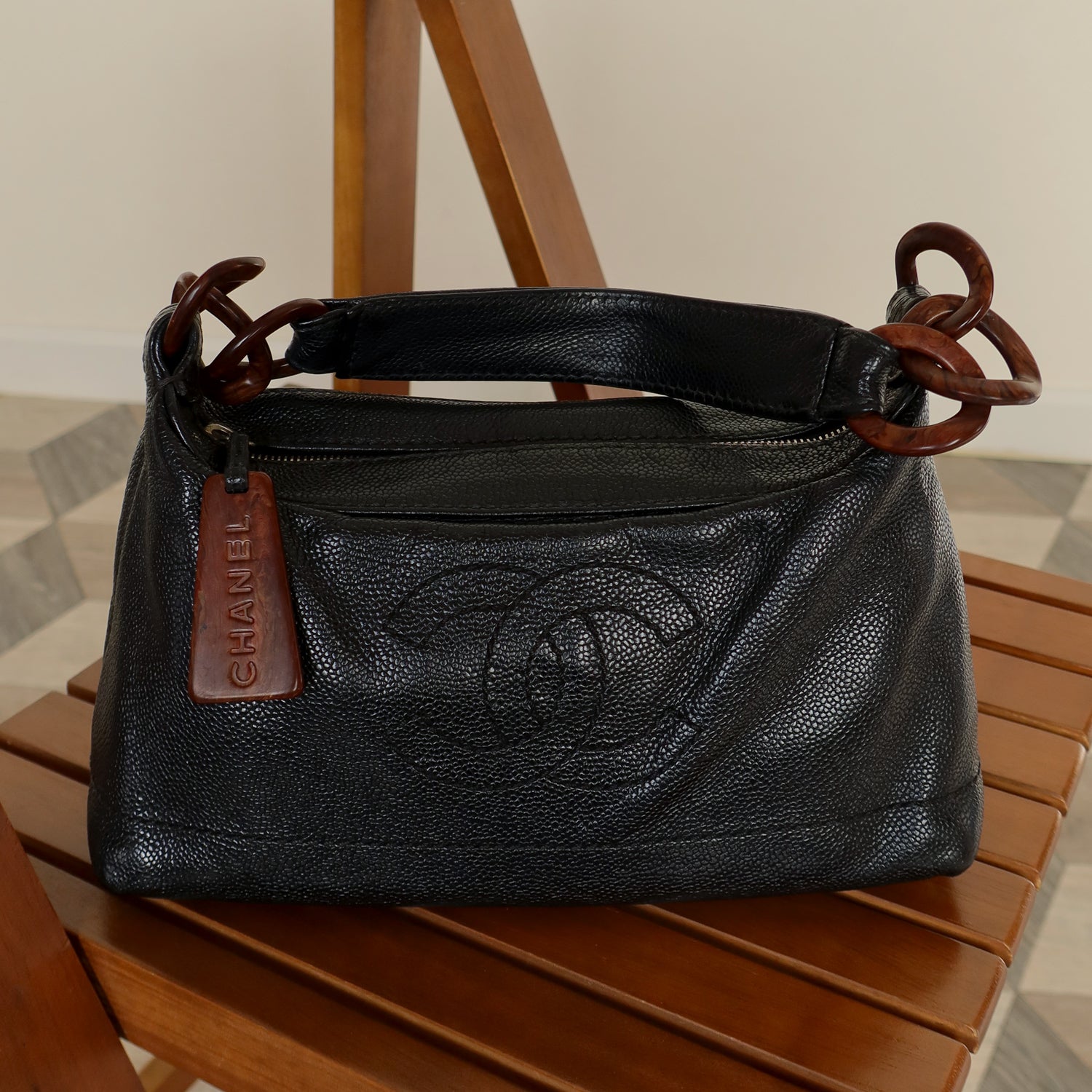 Chanel Vintage Black Caviar Leather Hobo Coco Mark Shoulder Bag