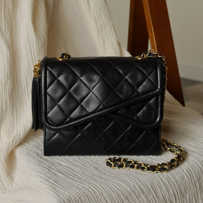 Chanel Vintage Black Lambskin Tassel Asymmetrical Double Flap Bag