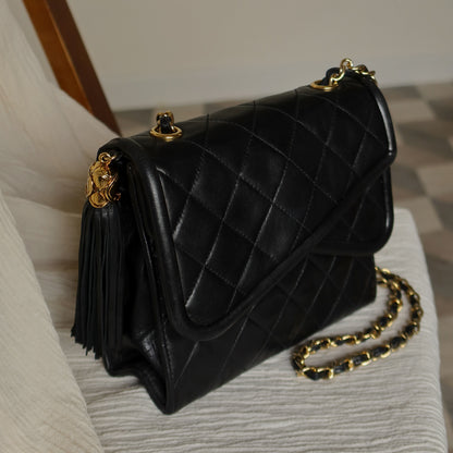 Chanel Vintage Black Lambskin Tassel Asymmetrical Double Flap Bag