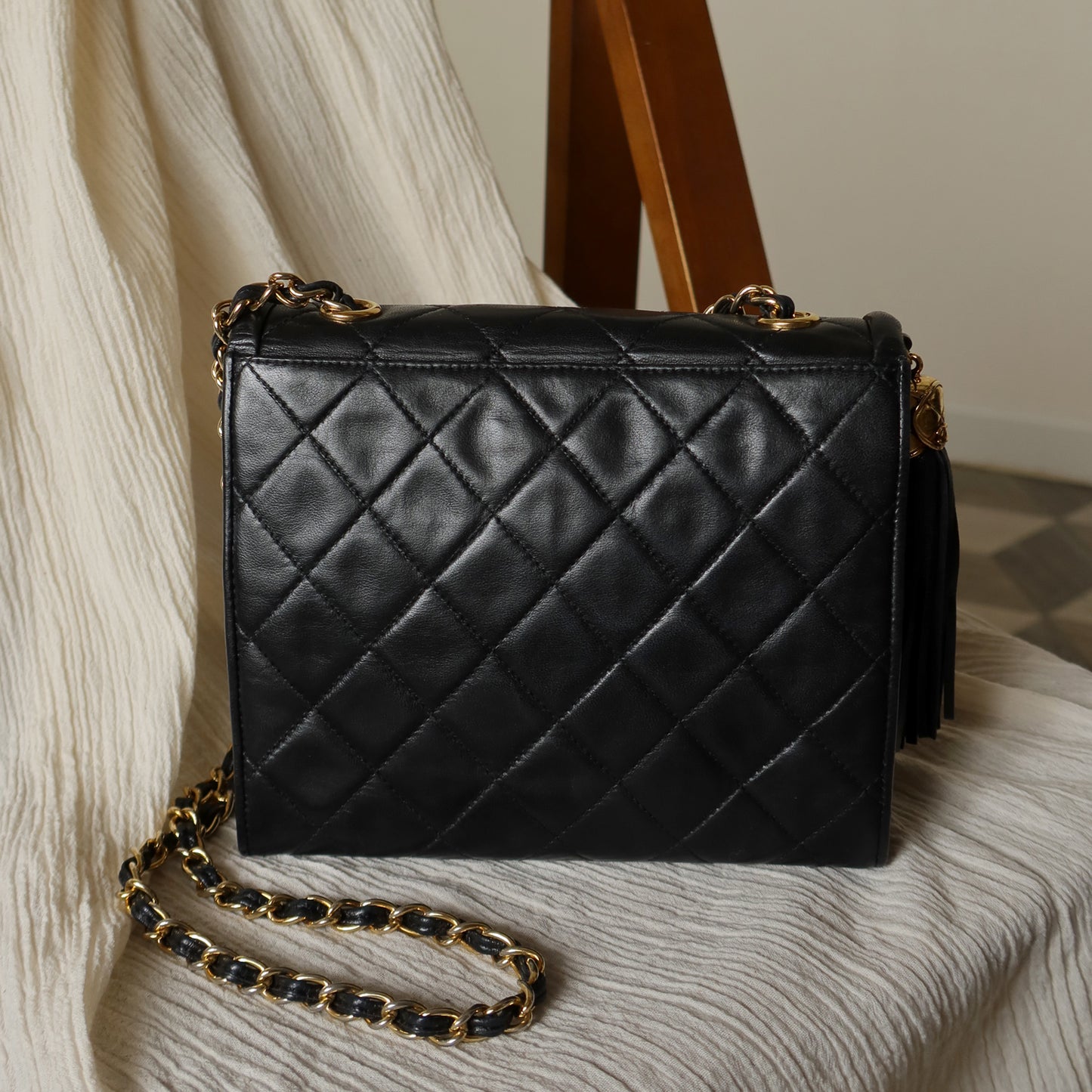 Chanel Vintage Black Lambskin Tassel Asymmetrical Double Flap Bag