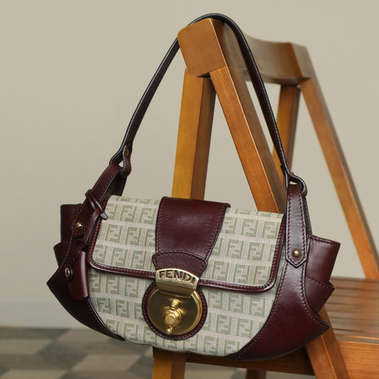 Fendi Vintage Brown Zucchino Canvas Leather Shoulder Bag