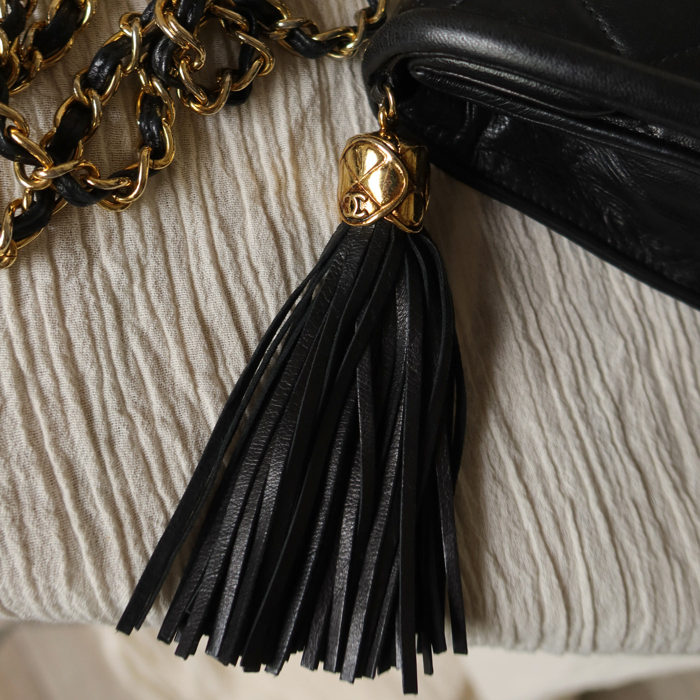 Chanel Vintage Black Lambskin Tassel Asymmetrical Double Flap Bag