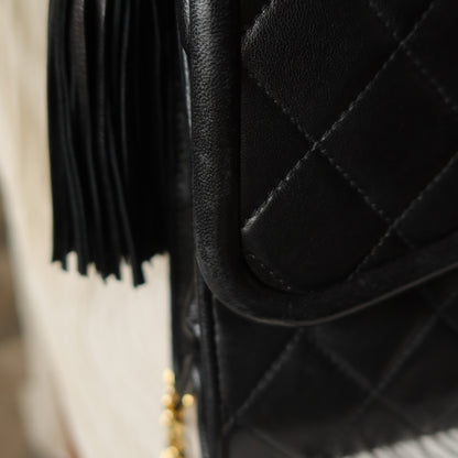 Chanel Vintage Black Lambskin Tassel Asymmetrical Double Flap Bag