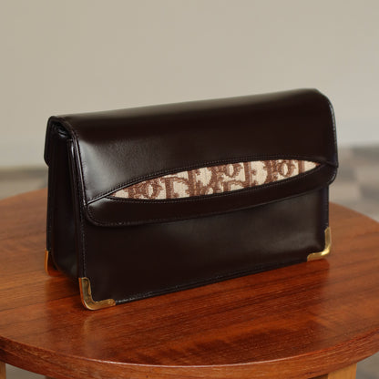 Vintage Christian Dior 1980s Brown Oblique Trotter 2-way Shoulder Clutch Bag