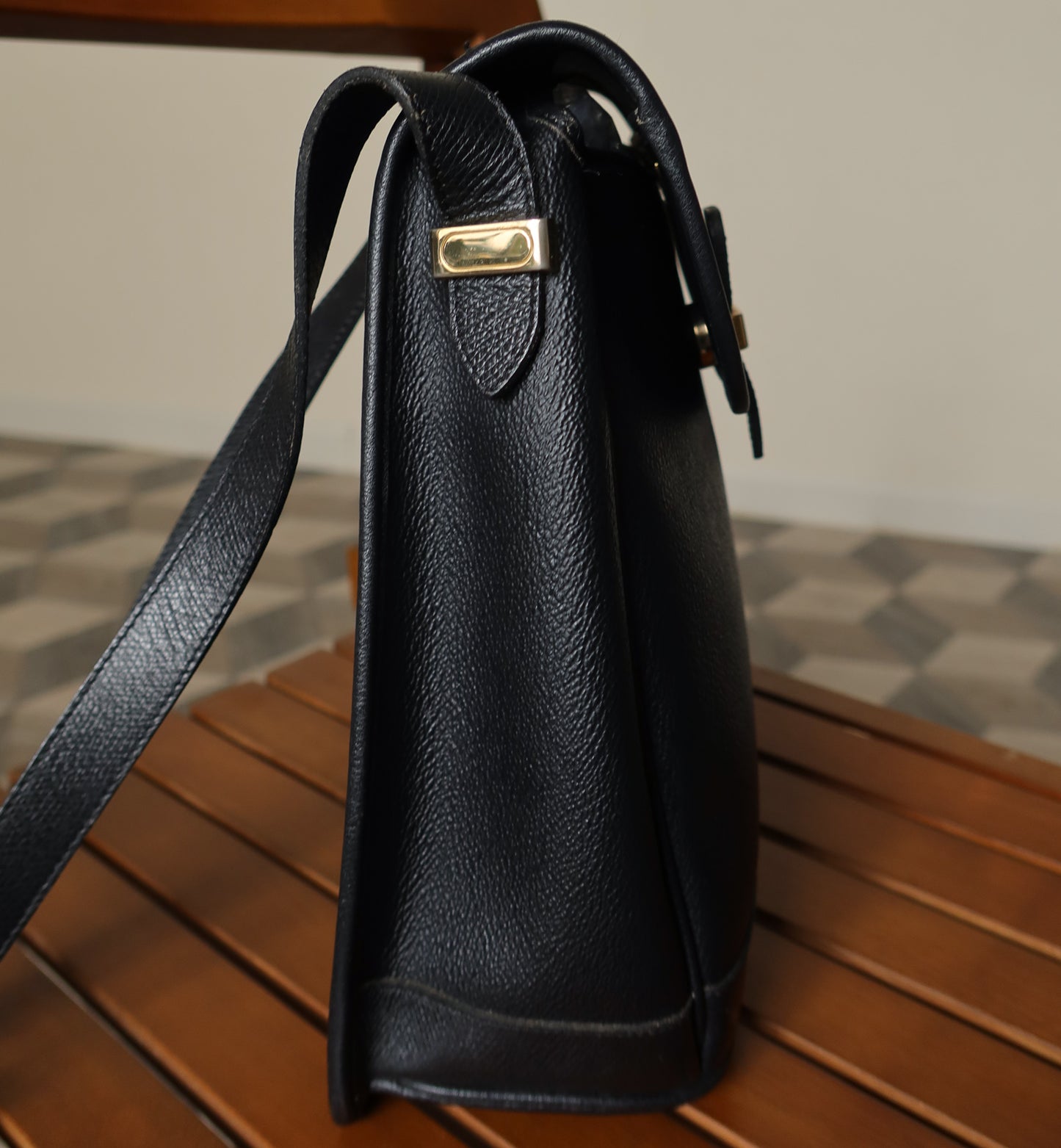 Christian Dior Vintage Black Coated Leather Honeycomb Crossbody Bag