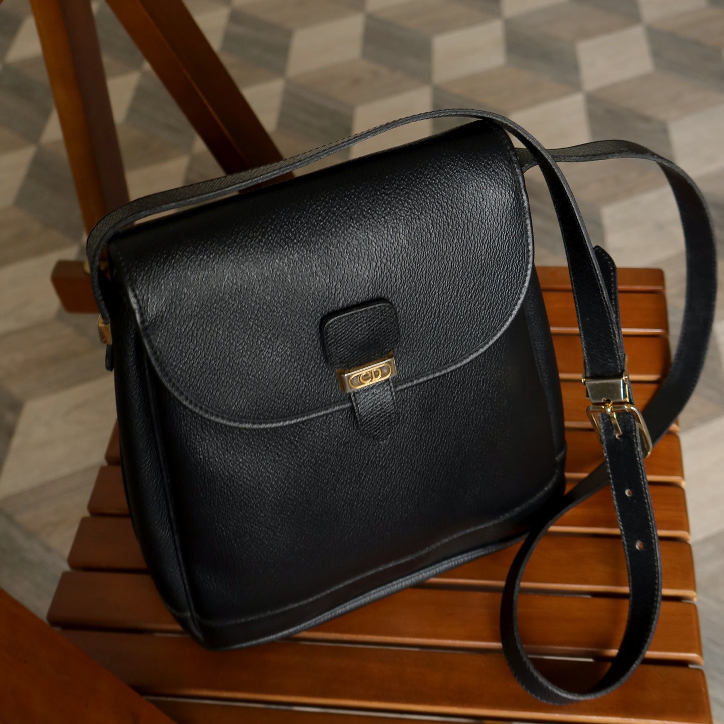 Christian Dior Vintage Black Coated Leather Honeycomb Crossbody Bag
