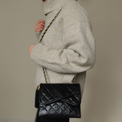 Chanel Vintage Black Lambskin Tassel Asymmetrical Double Flap Bag