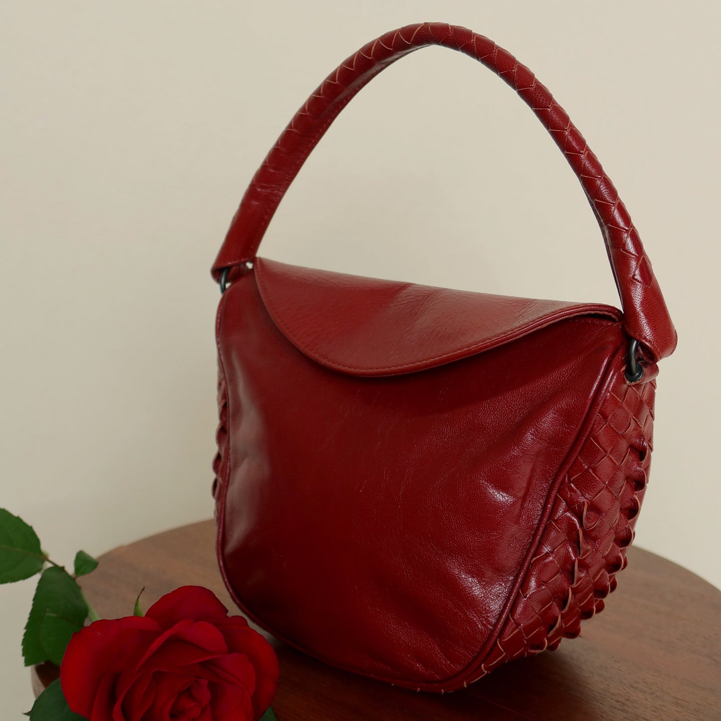 Bottega Veneta Vintage Intrecciato Weave Scarlet Red Half Moon Bag