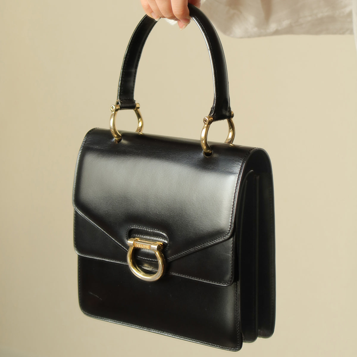 Celine Vintage Black Leather Buckle Double Flap 2 way Bag