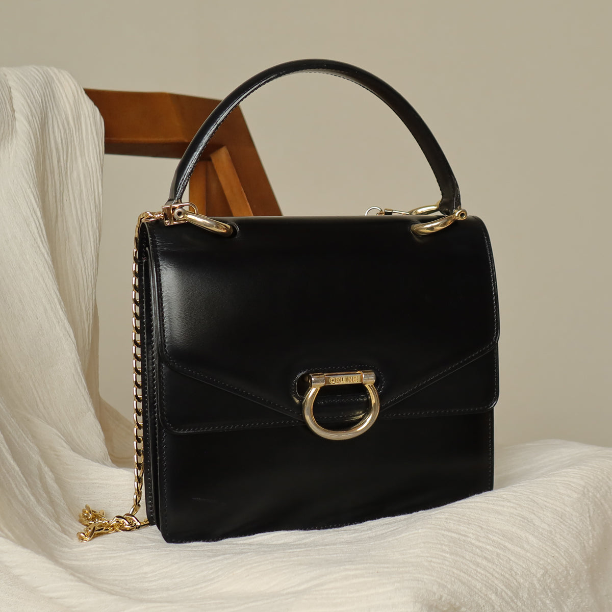 Celine Vintage Black Leather Buckle Double Flap 2 way Bag