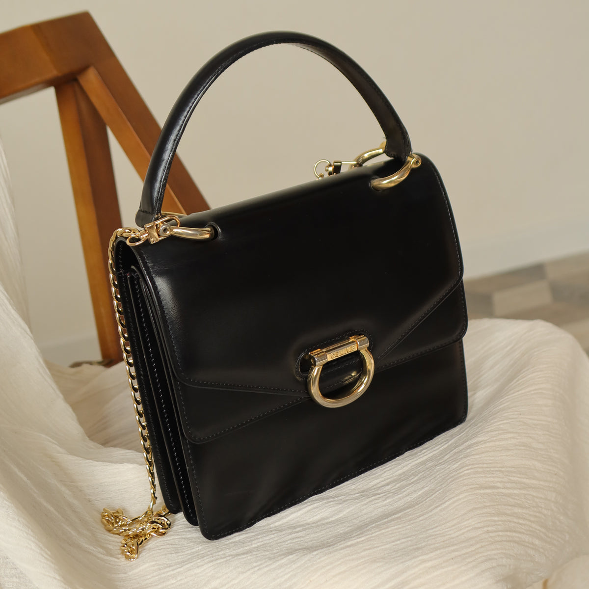 Celine Vintage Black Leather Buckle Double Flap 2 way Bag