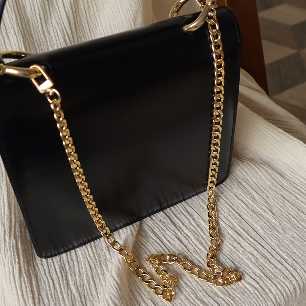 Celine Vintage Black Leather Gold Buckle Double Flap 2 way Bag