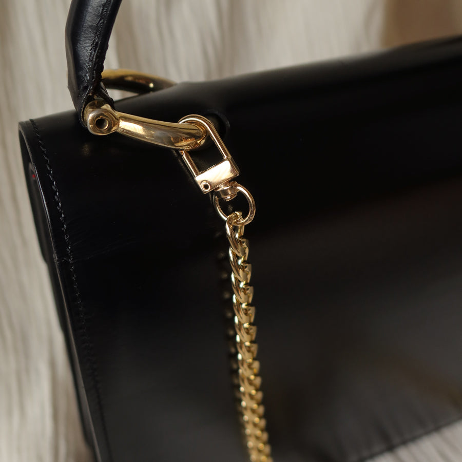 Celine Vintage Black Leather Gold Buckle Double Flap 2 way Bag