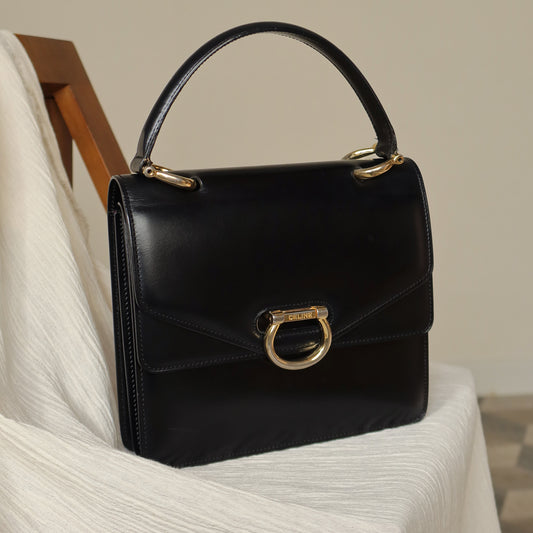 Celine Vintage Black Leather Buckle Double Flap 2 way Bag