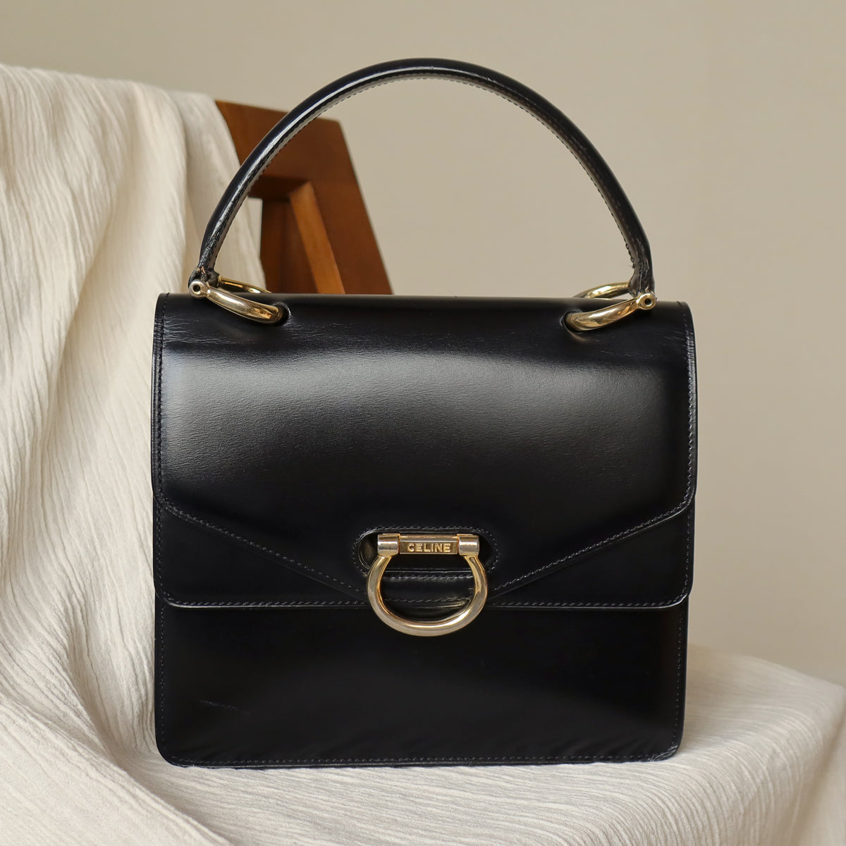 Celine Vintage Black Leather Buckle Double Flap 2 way Bag